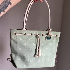 Dooney & Bourke Monogram Canvas Tote Bag Green w White Leather Trim